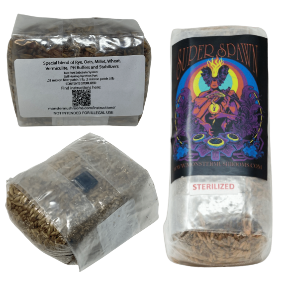 2lb Sterilized Grain Bag by Monster Mushrooms with branding and instructions label visible