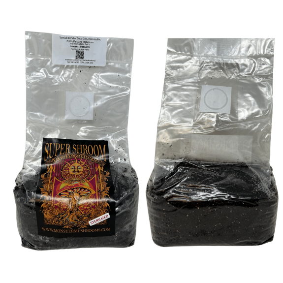 Front and back view of 5lb Super Shroom Mega Spawn, a sterilized mushroom fruiting substrate by Monster Mushroom Company.
