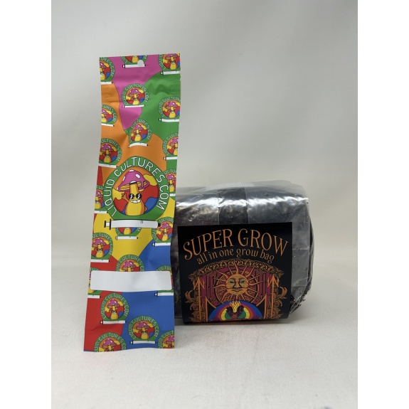 Super Grow all-in-one mushroom grow bag beside Liquid Cultures packaging. Mushroom Grow Kit