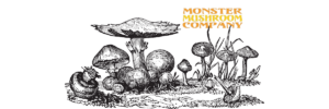 Mushroom growing image of various mushrooms with the Monster Mushroom Company logo above on a transparent background.